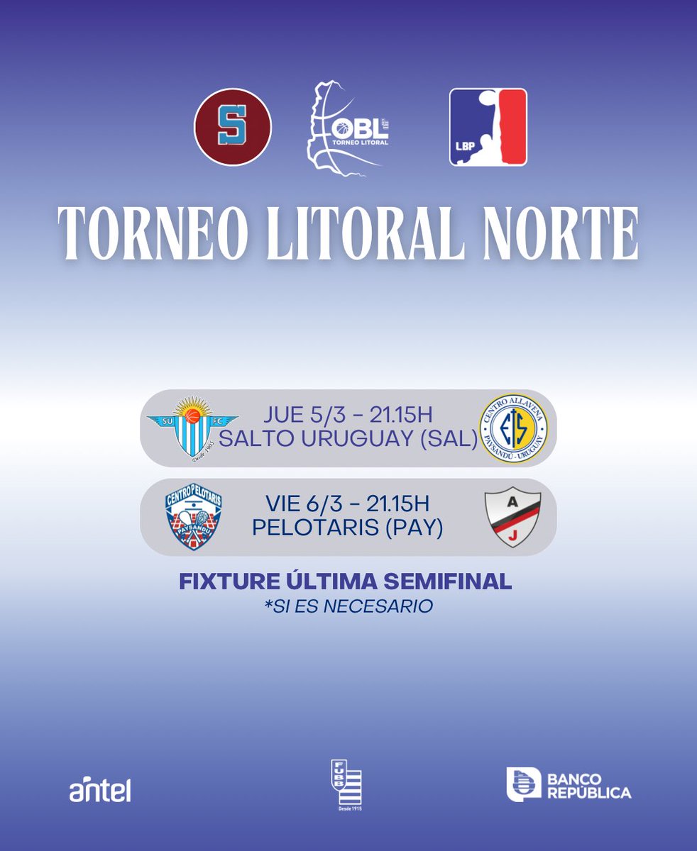 𝐘𝐚 𝐥𝐥𝐞𝐠𝐚 𝐞𝐥 𝐓𝐨𝐫𝐧𝐞𝐨 𝐋𝐢𝐭𝐨𝐫𝐚𝐥 𝐍𝐨𝐫𝐭𝐞 🏆👏🏼

🏀 Campeones y vicecampeones de las ligas de Salto y Paysandú se enfrentarán en un nuevo torneo de OBL que comenzará el próximo sábado 21.