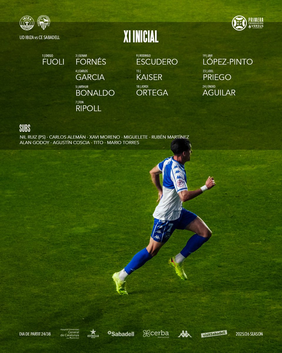 📋 El nostre XI per al partit de <a href="/Primera_RFEF/">Primera Federación Versus e-Learning</a> 🆚 <a href="/ibizaud/">UD Ibiza 🩵</a>:
 
#AMQM | #IbizaSabadell