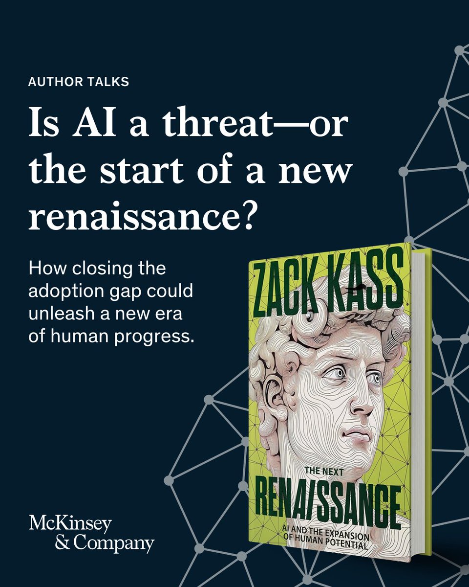 McKinsey's tweet photo. We’ve been asking whether AI will take jobs. What if the better question is: How can it expand human potential? 

Former OpenAI executive Zack Kass offers a bold reframing of the AI debate and explores what advancements could mean for the future of work. https://t.co/LwwIairrEB https://t.co/xxvDlQbivr