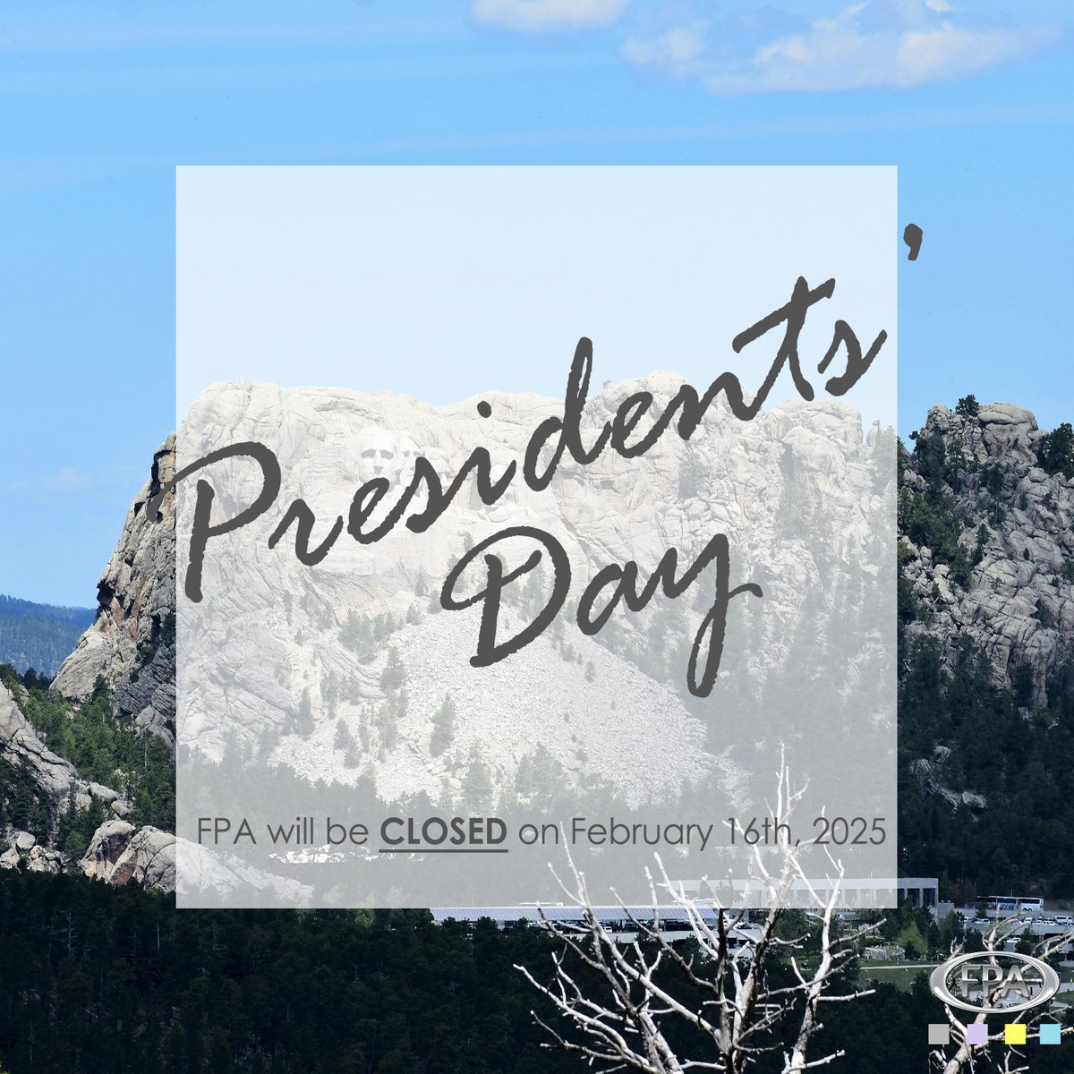 FPA will be closed to the public Monday, February 16th, in observance of Presidents' Day.

#TodayAtFPA #PresidentsDay #PublicTelevision #PublicRadio #CommunityMedia