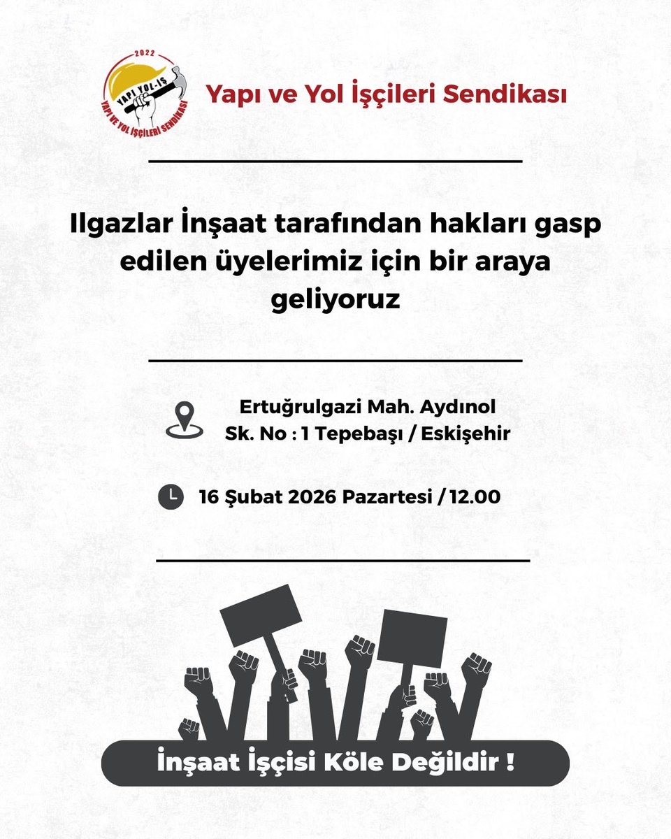 🚩Eskişehir 

◾Balıkesir 5. Etap Toki Konutu inşaatında hakları, Ilgazlar İnşaat tarafından verilmeyen üyelerimizin tüm haklarını almak için eyleme geçiyoruz.

◾Ilgazlar İnşaat firmasını uyarıyoruz! Üyelerimizin haklarını derhal verin. Eylemimiz haklarımızı alana kadar sürecek.