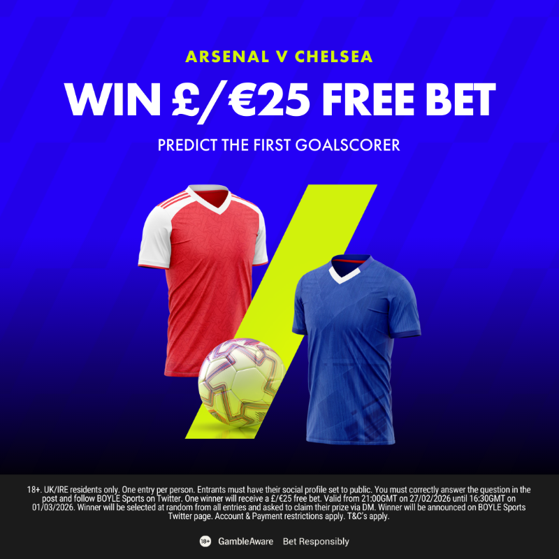 BoyleSports's tweet photo. Back Yourself and you could win a £/€25 Free Bet!

To enter:
⦿ Follow @BOYLESports
⦿ Retweet this post
⦿ Predict the first goalscorer in Arsenal v Chelsea

Tap below for full terms &amp; conditions