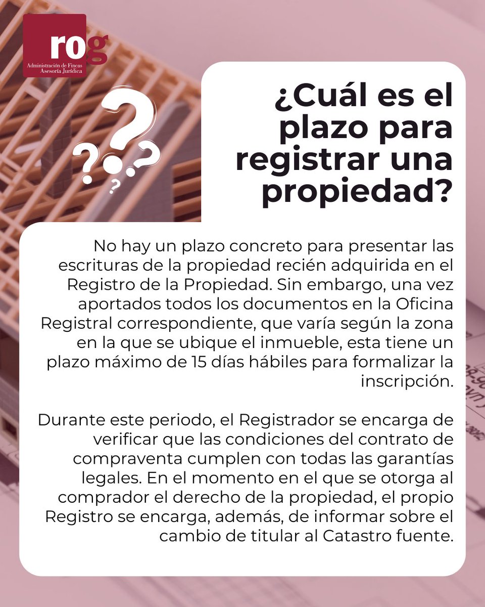 ROGfincas's tweet photo. ⏳ ¿Sabes cuál es el plazo para registrar una propiedad?

Es un trámite clave que no conviene dejar pasar. En el post te contamos lo esencial, y si tienes cualquier duda…

🤝 En ROG Administraciones nos encargamos de todo y te asesoramos en cada paso. https://t.co/SWxiHVWmlU