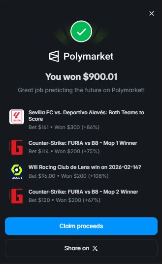 I just won 900.01 on <a href="/Polymarket/">Polymarket</a>!

New day - new bets! 🔥🔥🔥

Join me and put your money where your mouth is: poly.market/JfgUgo7