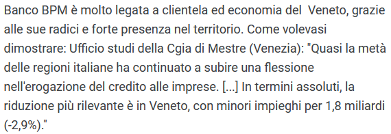 AAbaterusso's tweet photo. @ansa_economia Banco BPM è molto legata a clientela ed economia del  Veneto, grazie alle sue radici e forte presenza nel territorio. Come volevasi dimostrare: Ufficio studi della Cgia di Mestre (Venezia): vedi screenshoot https://t.co/4i0dBp3o4L https://t.co/44bcxsi8Cb
