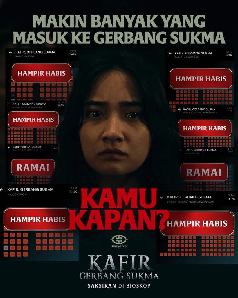Starvisionplus's tweet image. Terima kasih buat yang sudah memenuhi kursi Bioskop hari ini 🫶🏼

𝐆𝐞𝐫𝐛𝐚𝐧𝐠 𝐒𝐮𝐤𝐦𝐚 terbuka lebar dan banyak yang sudah terjebak di dalamnya. Kamu kapan? 

Siap-siap ke Bioskop, masih ada promo Beli 1 Gratis 1 Tiket untuk pembelian di aplikasi M-Tix, CGV, dan TIX ID 🎟️…