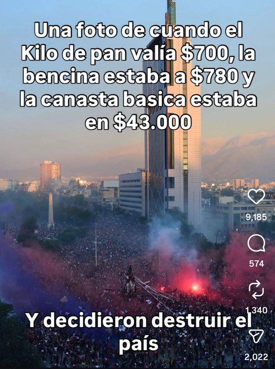 Hoy la Bencina está sobre los 1.200 pesos. El pan está a 2.300 pesos. La canasta básica estas obre los 70 mil pesos. Quemaron el metro por 30 pesos y el pasaje ha subido 70 pesos. Vinieron a sacarte de una crisis que nunca tuviste, para llevarte a un bienestar que nunca te dieron