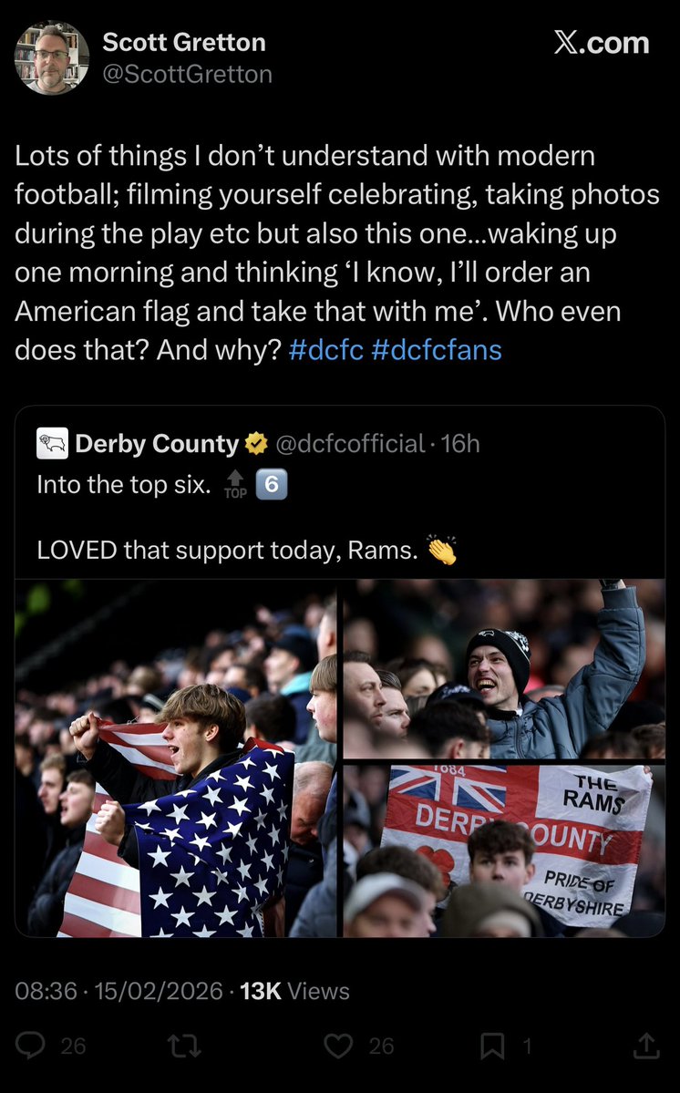 Pride Park late 90s would’ve really rattled him. Croatian, Italian, Jamaican, Danish and many more flags on display every week 

There’s absolutely nothing ‘modern football’ about national flags in support of international players wearing the black &amp; white #DCFC