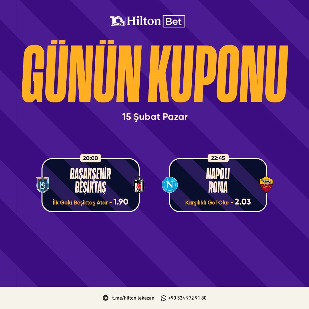 GÜNÜN BANKOLARI MASADA! 💬

Pazar bültenini taradık, en güvenilen 2 maçı sizlere getirdik. 🔎 

Başakşehir - Beşiktaş: İlk Golü Beşiktaş Atar
Napoli - Roma: Karşılıklı Gol Olur 

💰 HİLTONBET İLE BUGÜNÜ DEĞİL, SERİYİ KAZAN! 

🔗 ds.tc/hiltonbet