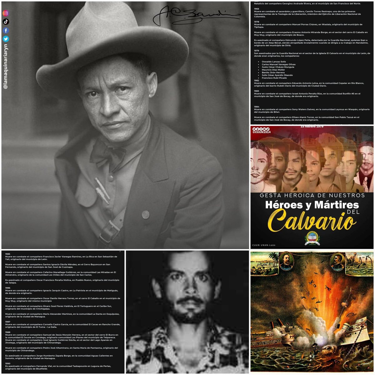 💥Efemérides 
15 Febrero 1931

♥️🖤El General Sandino dio a conocer el Manifiesto Luzy Verdad.
🗓1951
Natalicio de Georgino Andrade.

1966, muere en combate el sacerdote y guerrillero, Camilo Torres Restrepo

Siempre recordando a los héroes de la Patria