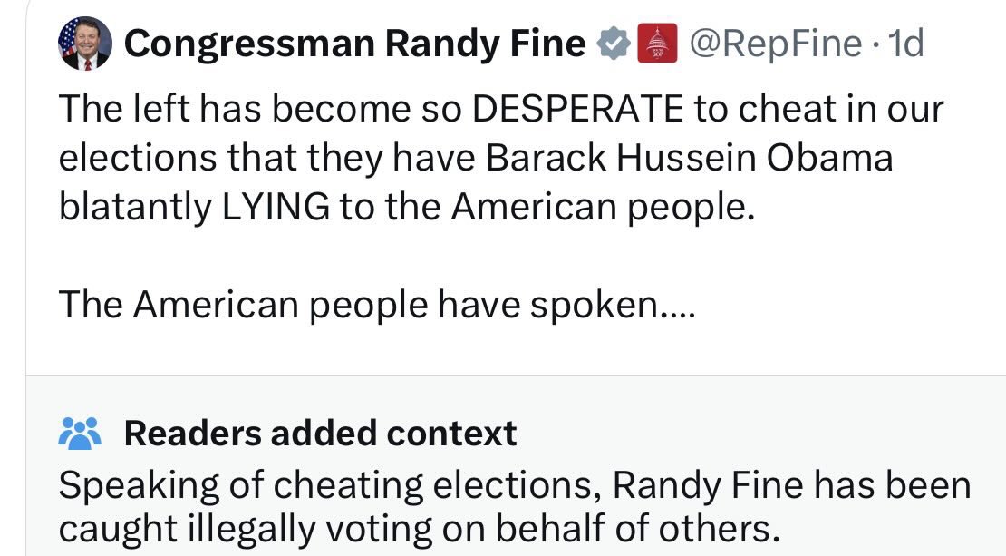 🚨 LOL.

Rep. Randy Fine is ranting about “cheating elections”…

…while readers added a note reminding everyone he was caught illegally voting on behalf of others.

You can’t make this up.

Every accusation is a confession.