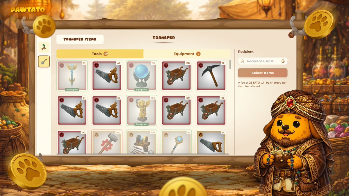 𝗡𝗲𝘄 𝗜𝗻-𝗚𝗮𝗺𝗲 𝗙𝗲𝗮𝘁𝘂𝗿𝗲: 𝗣𝗹𝗮𝘆𝗲𝗿-𝘁𝗼-𝗣𝗹𝗮𝘆𝗲𝗿 𝗥𝗲𝘀𝗼𝘂𝗿𝗰𝗲𝘀 𝗮𝗻𝗱 𝗜𝘁𝗲𝗺 𝗧𝗿𝗮𝗻𝘀𝗳𝗲𝗿𝘀

Pawtato Land just got more connected. You can now send Items and Resources directly to other players, quickly and seamlessly inside the game.

𝗛𝗼𝘄 𝗶𝘁