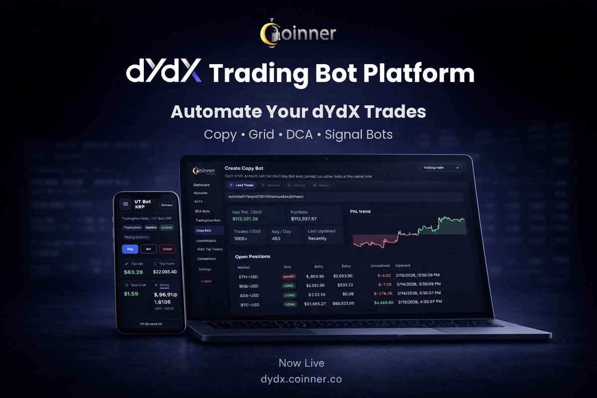 CoinnerBot's tweet photo. 🚀 Coinner dYdX Trading Bot Platform is Now Live

Automate your trading on the leading DeFi perpetuals exchange.

Run powerful bots directly on @dYdX  v4:

✅ Grid Bot - Capture market swings
✅ DCA Bot - Build positions systematically
✅ Copy Trading - Mirror on-chain dYdX traders
✅ TradingView Bot - Turn alerts into 24/7 execution

Cloud-hosted • Secure infrastructure • Live dashboard

Start free:
https://t.co/8nduJyJSFZ

#dYdX #DeFi #CryptoTrading #TradingBots #Perpetuals
