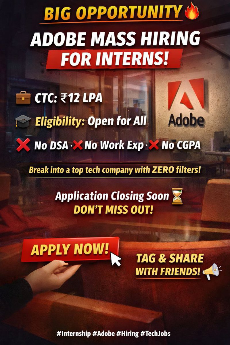 Adobe Mass Hiring for Interns is LIVE!

💼 CTC: ₹12 LPA
🎓 Eligibility: Open for All
❌ No DSA
❌ No Work Experience
❌ No CGPA Criteria

This is your chance to break into a top tech company without the usual filters.

Application closing soon ⏳
Don’t miss it.

Tag someone who