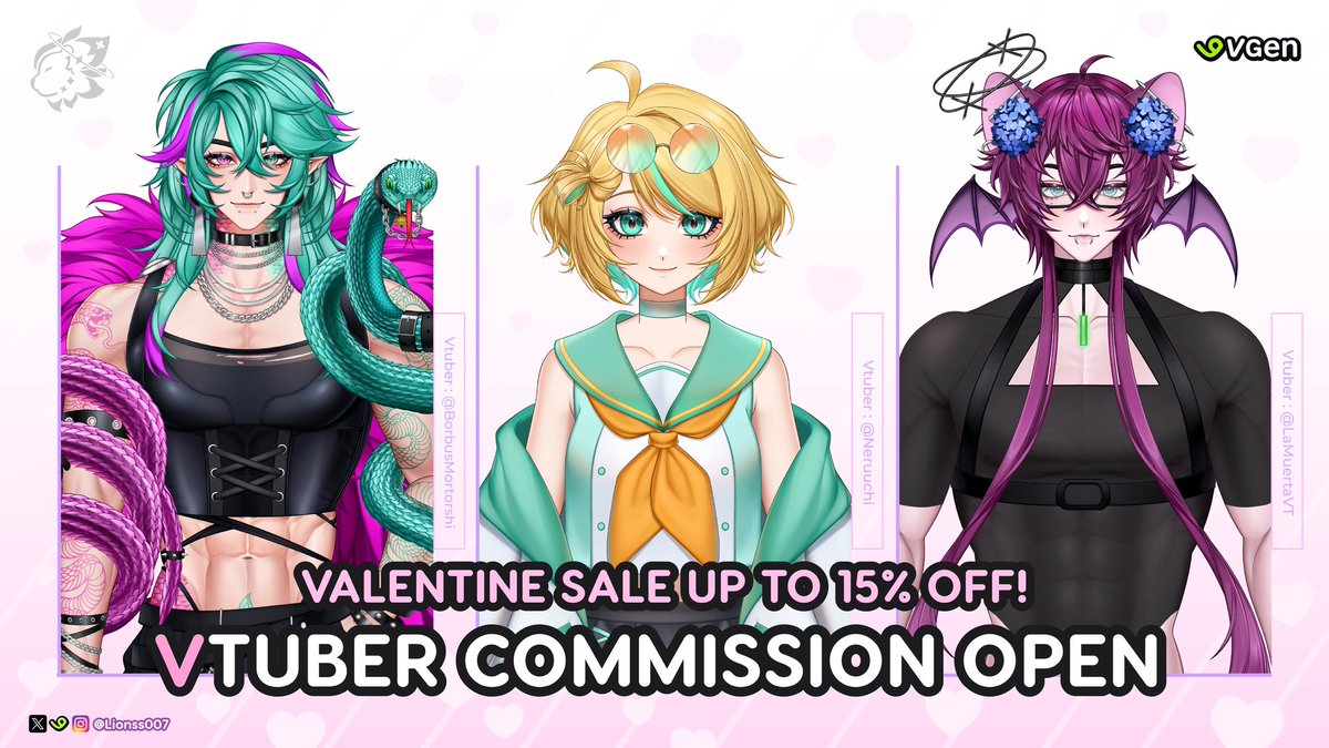 ✨🩷 VALENTINE COMMS SALE 🩷✨

Celebrating val day, i'm having promo to my services 🫶!

🍓Services on sale such as;
1. Vtuber Model Art
2. Live2D Rigging
3. Reference Sheet
4. Vtuber Model Art Add Ons

[♥️&amp;🔃 are appreciated]
More info below ⬇️

#VGenComm