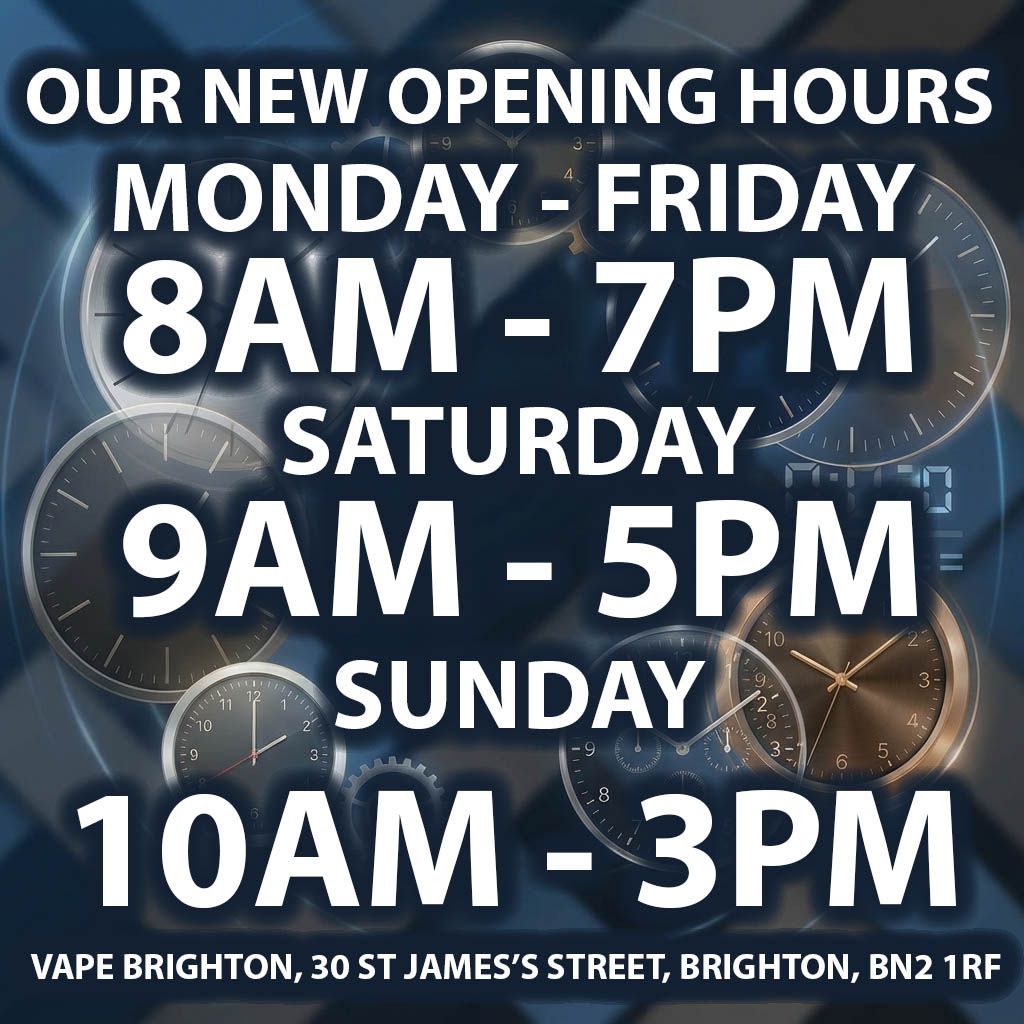 VapeBrighton's tweet photo. Our new opening hours:
Monday to Friday: 8am - 7pm
Saturday: 9am - 5pm
Sunday: 10am - 3pm https://t.co/OGI7aVJroA