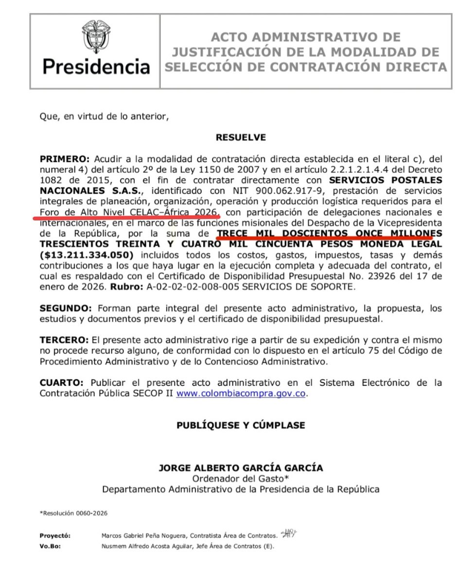 🚨 ATENCIÓN🚨

El gobierno Petro acaba de entregar un contrato por 13.211 MILLONES DE PESOS para la logística del foro de "Alto Nivel" del CELAC-ÁFRICA.

Mientras tanto, los damnificados en el Córdoba están rogando por ayudas y Petro dice que no hay plata.