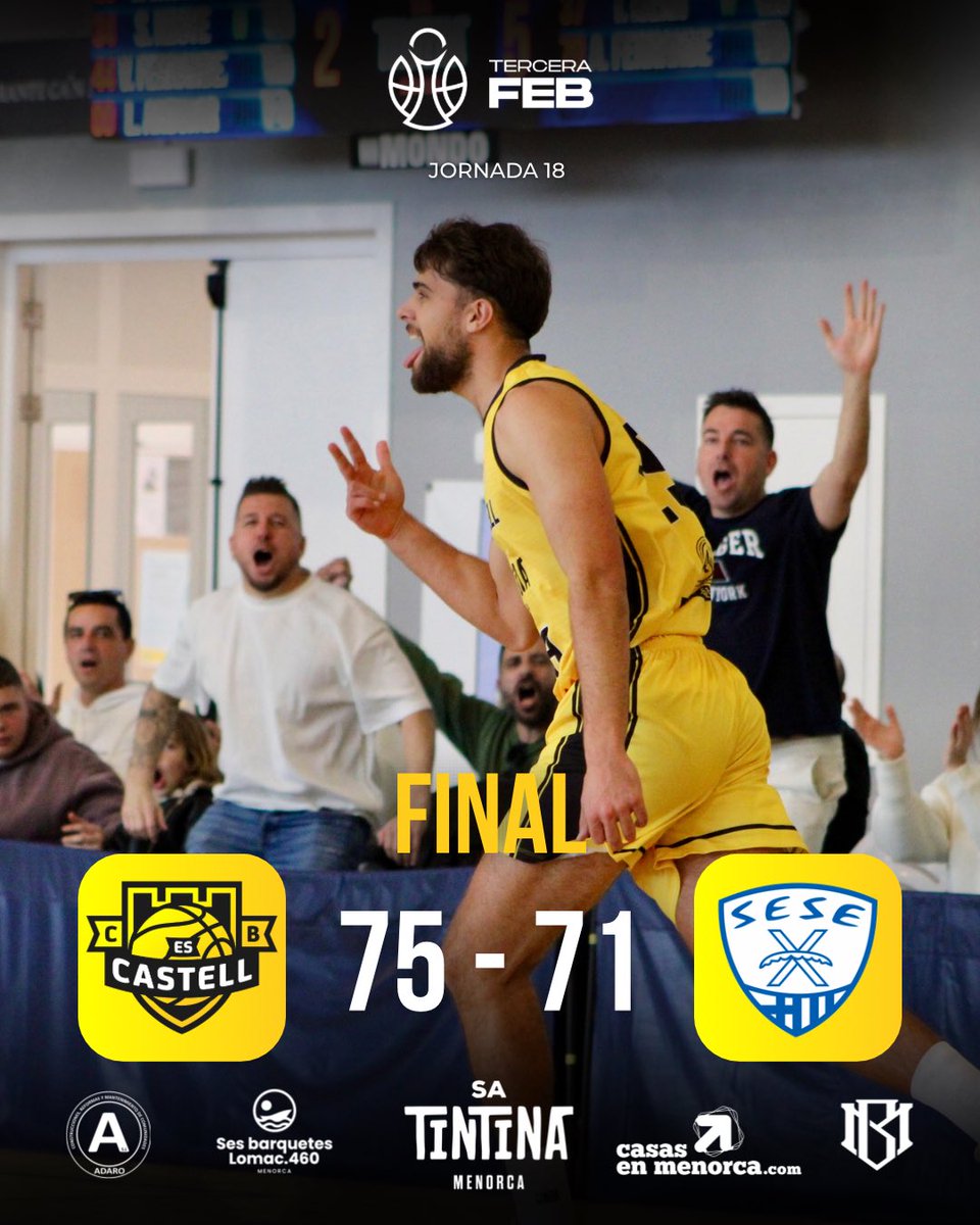 📢 𝗙𝗜𝗡𝗔𝗔𝗔𝗟!
🤩 VICTÒRIA ÈPICA PER SEGUIR ALS LLOCS DE PLAY-OFF!
 
🟡 Sa Tintina Es Castell 7️⃣5️⃣
🔵 <a href="/sese_basquet/">SESE Bàsquet</a> 7️⃣1️⃣

#TerceraFEB