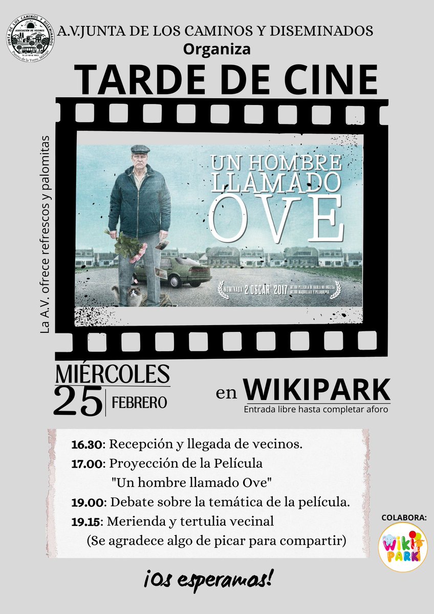 Tarde de cine en nuestro barrio el próximo día 25 de febrero!! Como siempre de la mano de la  <a href="/AVJuntaydisem/">AV Junta de Los Caminos y Diseminados</a> 
#convivencia #vecinos #pelicula #cine