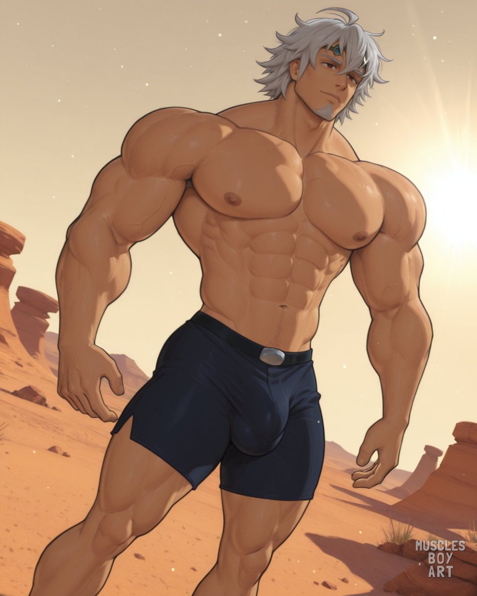 In twilight's hush, where shadows play,
Demon Estarossa holds court by day.
His eyes, like darkest night's own fire,
Burn bright with passion's sweet desire.

#MusclesBoyArt #bara #demon #Estarossa