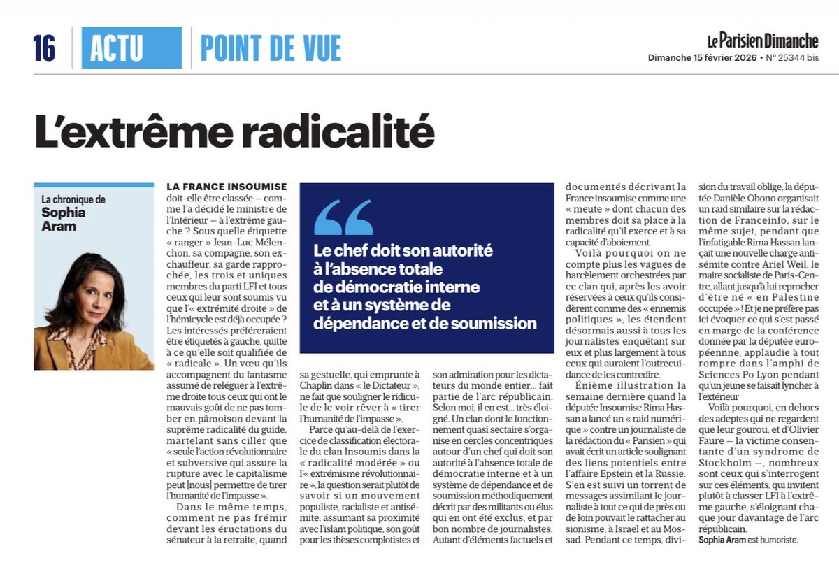 nombreux sont ceux qui à juste titre s’interrogent sur  tous ces éléments, qui invitent plutôt à classer LFI à l’extrême gauche, s’éloignant chaque jour davantage de l’arc républicain. Merci <a href="/SophiaAram/">sophia aram</a>