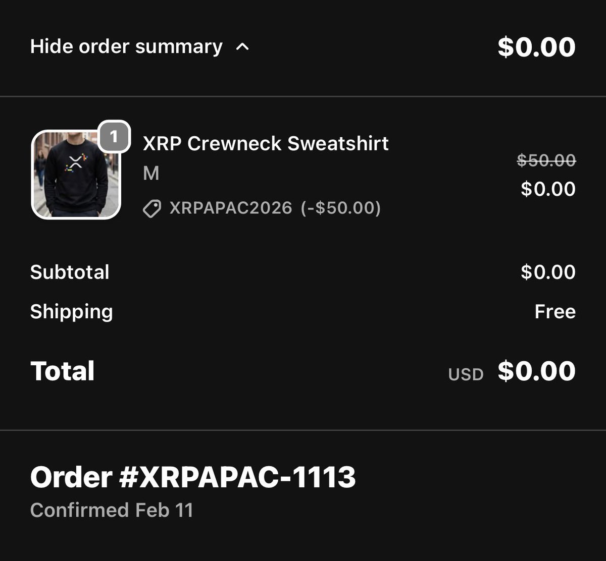 Can’t wait to get my crewneck, surely <a href="/bgarlinghouse/">Brad Garlinghouse</a> signed this lucky       # 1113