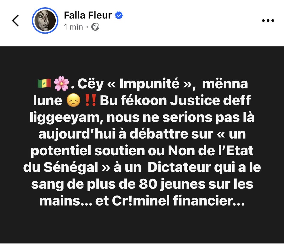 🇸🇳🌸. Cëy « Impunité »,  mënna lune 😞‼️Bu fékoon Justice deff liggeeyam, 

nous ne serions pas là aujourd’hui à débattre sur « un potentiel soutien ou Non de l’Etat du Sénégal » à un  Dictateur qui a le sang de plus de 80 jeunes sur les mains… et Cr!minel financier...‼️