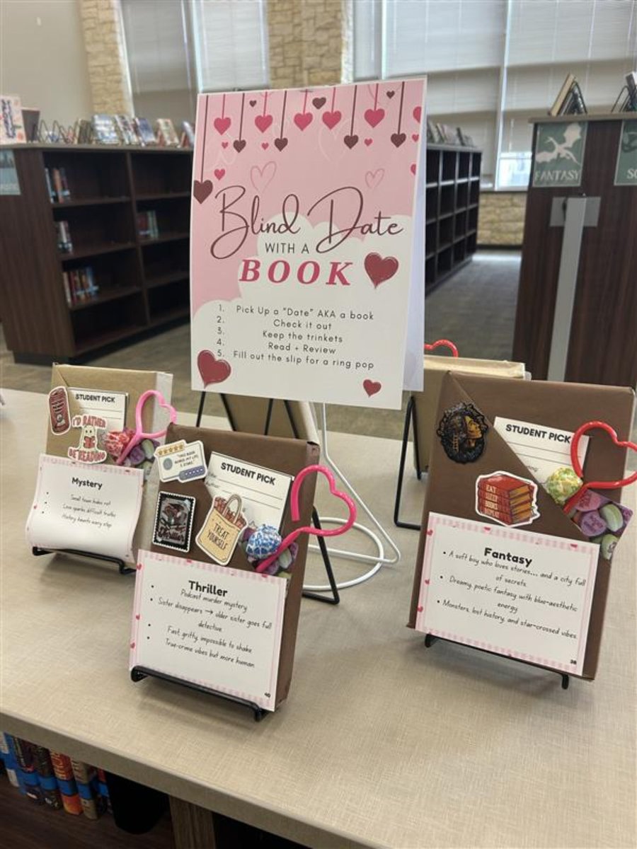 Fulshear_HS's tweet photo. Love is in the air… and on the shelves! 50 lucky students let fate pick their next read. #BlindDateWithABook #LCISDLibraries https://t.co/B8rvJXF8ZC
