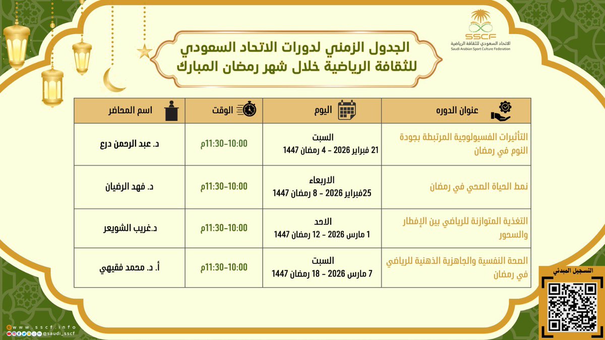 الجدول الزمني للنسخة الرابعة من دورات #الاتحاد_السعودي_للثقافة_الرياضية خلال شهر #رمضان_المبارك 🌙

اطّلعوا على تفاصيل المواعيد والمحاور التدريبية وسجّلوا عبر الرابط التالي:

🔗 التسجيل المبدئي: (forms.gle/4LPdJ7TB8yZKBc…)