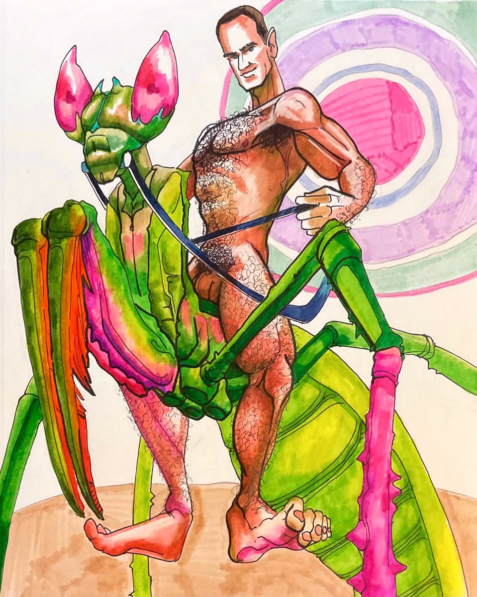 Painter641's tweet photo. Jackal Chemise.
Christopher Meloni Riding a Giant Praying Mantis
11 x 14 inches
marker on paper
available
#christophermeloni #chrismeloni #hboOZ https://t.co/FUV9xtzMan