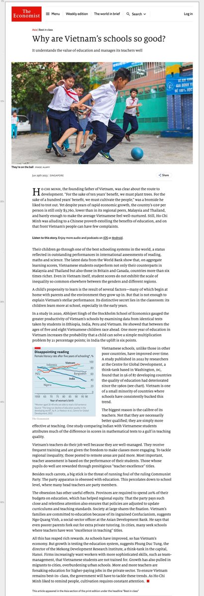 🇻🇳 I've been curious about Vietnam for a while.

I figured the education system might explain the emergence of so many talented entrepreneurs and developers, relative to comparative SE Asian economies.

This article by the Economist confirms things.