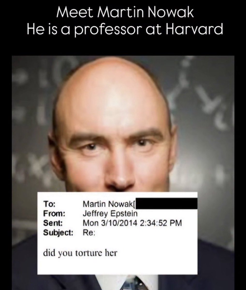 A new document released by the DOJ shows  Jeffrey Epstein asking Martin Nowak, "did you torture her?" after Nowak wrote, "our spy was captured after completing her mission." Nowak is a mathematics professor at <a href="/Harvard/">Harvard University</a> and is currently teaching. 

Harvard will probably promote