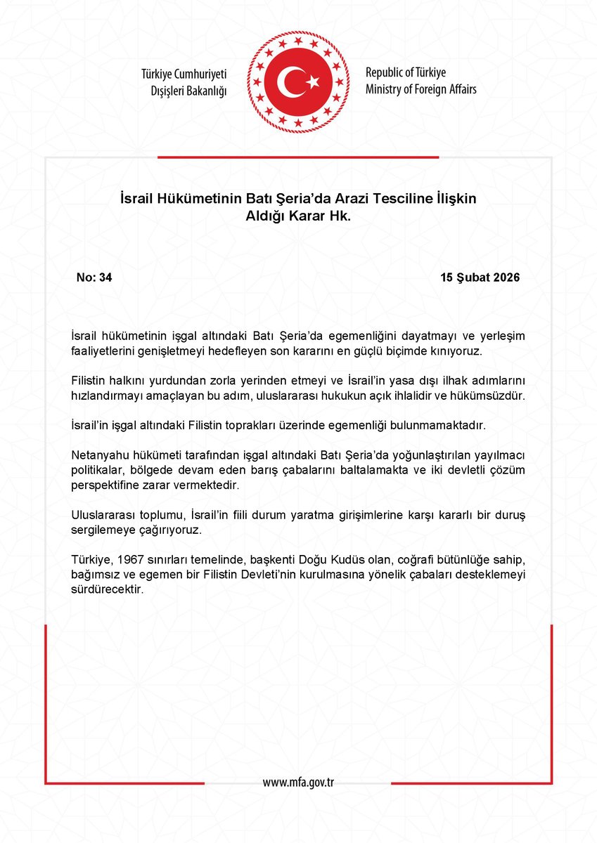 İsrail Hükümetinin Batı Şeria’da Arazi Tesciline İlişkin Aldığı Karar Hk. mfa.gov.tr/no_-34_-israil…