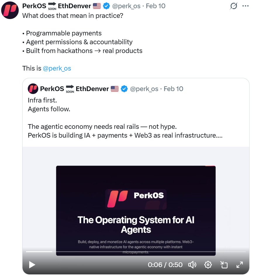 💎 Alert $PERKOS

<a href="/perk_os/">PerkOS 🔜 EthDenver 🇺🇸</a> is a Web3 infrastructure project for launching and managing AI agents — no-code tools, x402 micropayments, ERC-8004 on-chain identity, and multi-chain support.

Founded by <a href="/JulioMCruz/">JulioMCruz.base.eth 🔜 ETHDenver 🇵🇪 🇺🇸🐝</a>, an active Ethereum builder with hackathon wins, presenting at