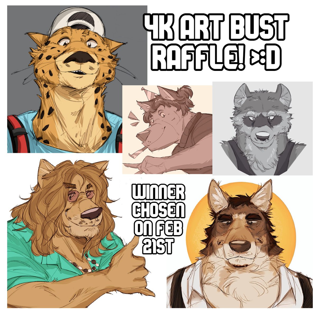 4K ART RAFFLE! 🌟

I wanna thank you again for helping me get to this incredible milestone. >:D
Winner gets a colour bust of your chosen character/OC in a sketchy style!

To enter ->
- Like and RT
- Follow
- SFW refs only‼️
- Comment ref (optional)

Ends February 21st, good luck!