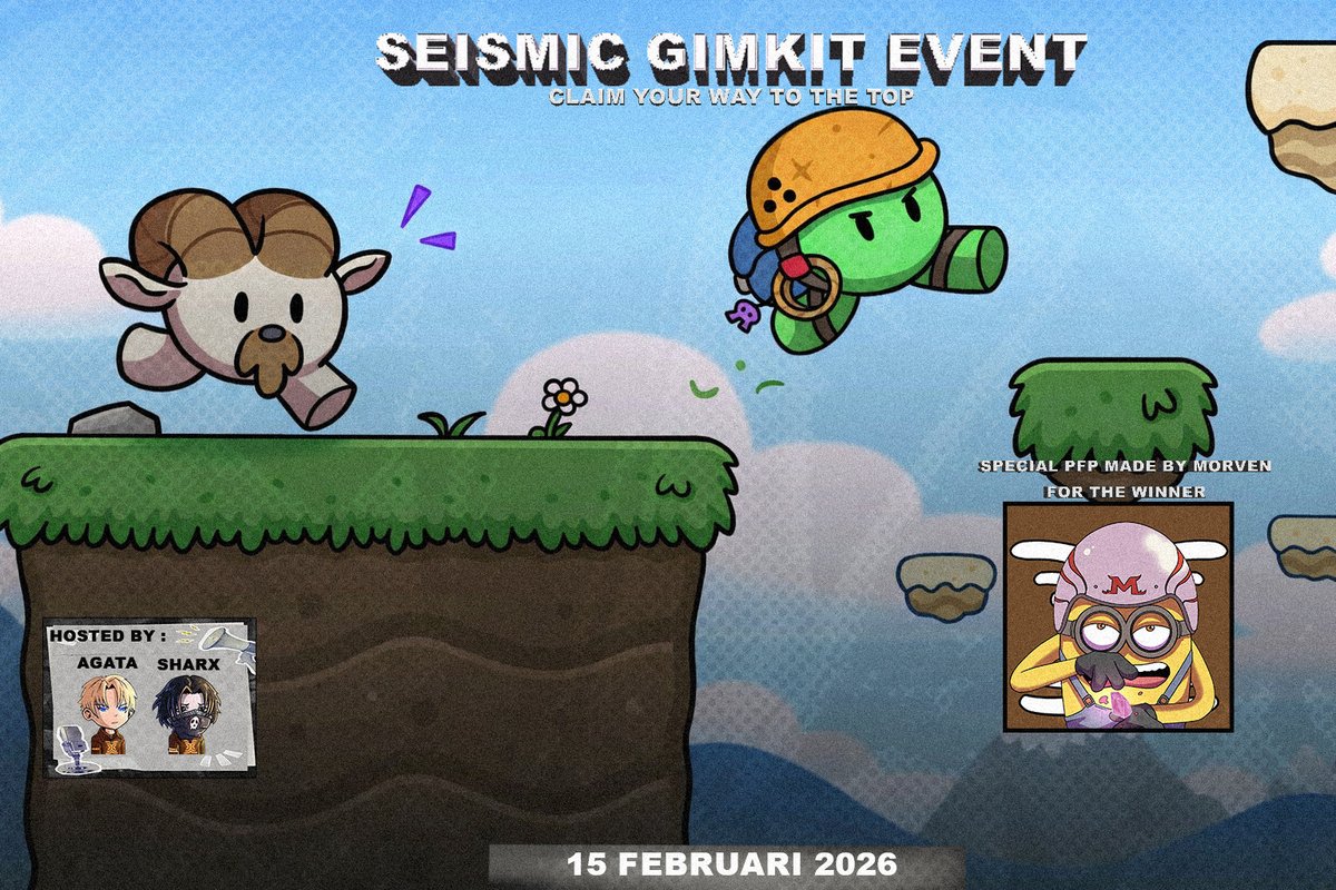 agataafck's tweet photo. SEISMIC GIMKIT EVENT V2 
@SeismicsysIDN @SeismicSys 

Host: Me and @Sharxlx 

Date: February 15
Time: 8:00 PM WIB
Place: Seismic VC

How to Join:
- Register or log in using your email account
- Enter the game code that will be shared when the event starts

How to Play:
- Click the link above and set your username according to your DISCORD NAME
- Players will play a 2D platform game and must overcome obstacles by jumping. The higher a player progresses, the higher their position on the leaderboard
- To gain energy, players must answer questions in the bottom-left corner
- To refill energy, players are required to answer the quiz/questions located at the bottom-left of the screen
- 2 game rounds, #1 winner will receive a PFP
Each round lasts 15 minutes

Event Prize:
PFP from @0xmorven 

Good luck, guys!!