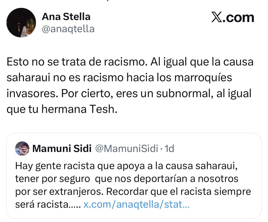 MamuniSidi's tweet photo. Comparar peras con manzanas, cuando alguien no tiene argumentos recurre a los insultos. Que tiene que ver una colonización con racismo. Si das por hecho que los extranjeros están invadiendo España estás metiendo a tus “hermanos saharauis” en el saco ya que son extranjeros. https://t.co/UuEoCbl2KQ