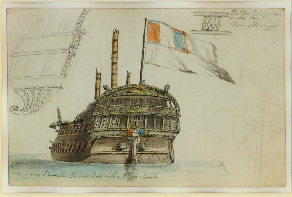 Le pavillon français entre 1790 et 1794. Dessin de P.-J. de Loutherbourg.