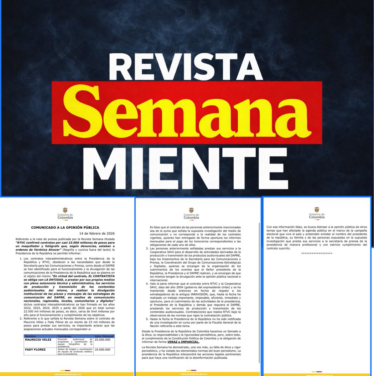 Se les cayó el show 🎭🤡

@andrescamiloHR pidió formalmente a Semana rectificar la historia de los supuestos $23.000 millones “para un fotógrafo y un peluquero”.

Según el comunicado oficial, esa cifra no corresponde a la realidad de los contratos vigentes. Son servicios