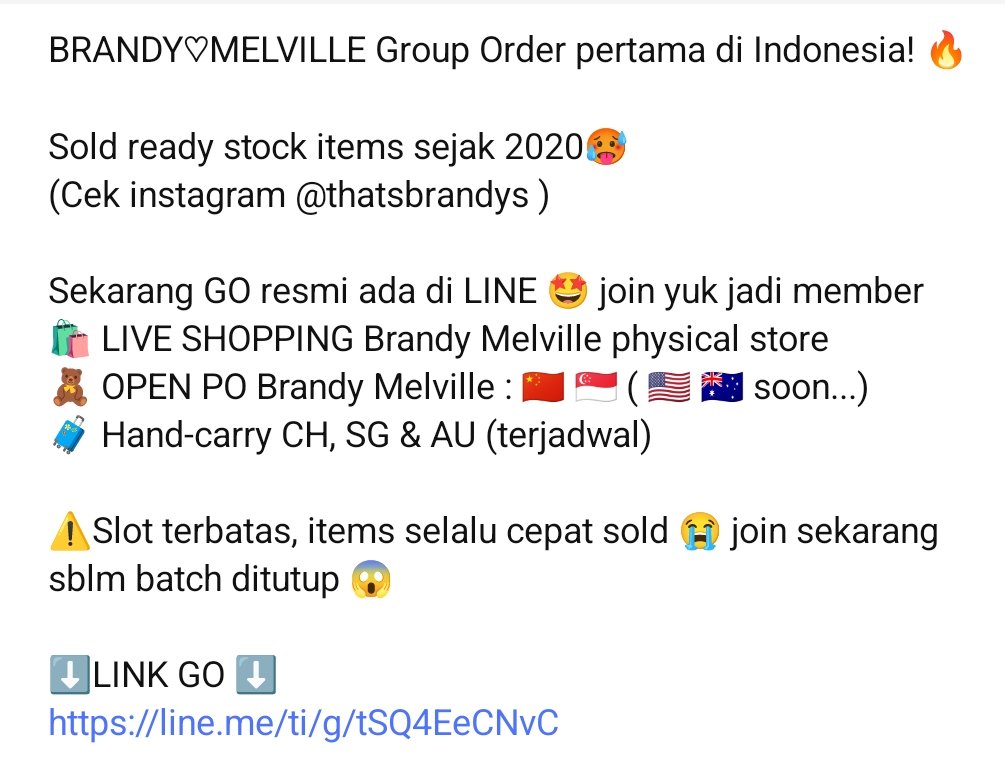 Gev_arka's tweet photo. #ncts BRANDY♡MELVILLE Group Order pertama di Indonesia! 🔥 

Sold ready stock items sejak 2020🥵
(Cek instagram @thatsbrandys )
Sekarang GO resmi ada di LINE 🤩 join yuk jadi member
⚠️Slot terbatas 😭 join sekarang sblm batch ditutup 😱
⬇️LINK GO ⬇️
https://t.co/j0EArrRArS https://t.co/7XMRU4aeWC