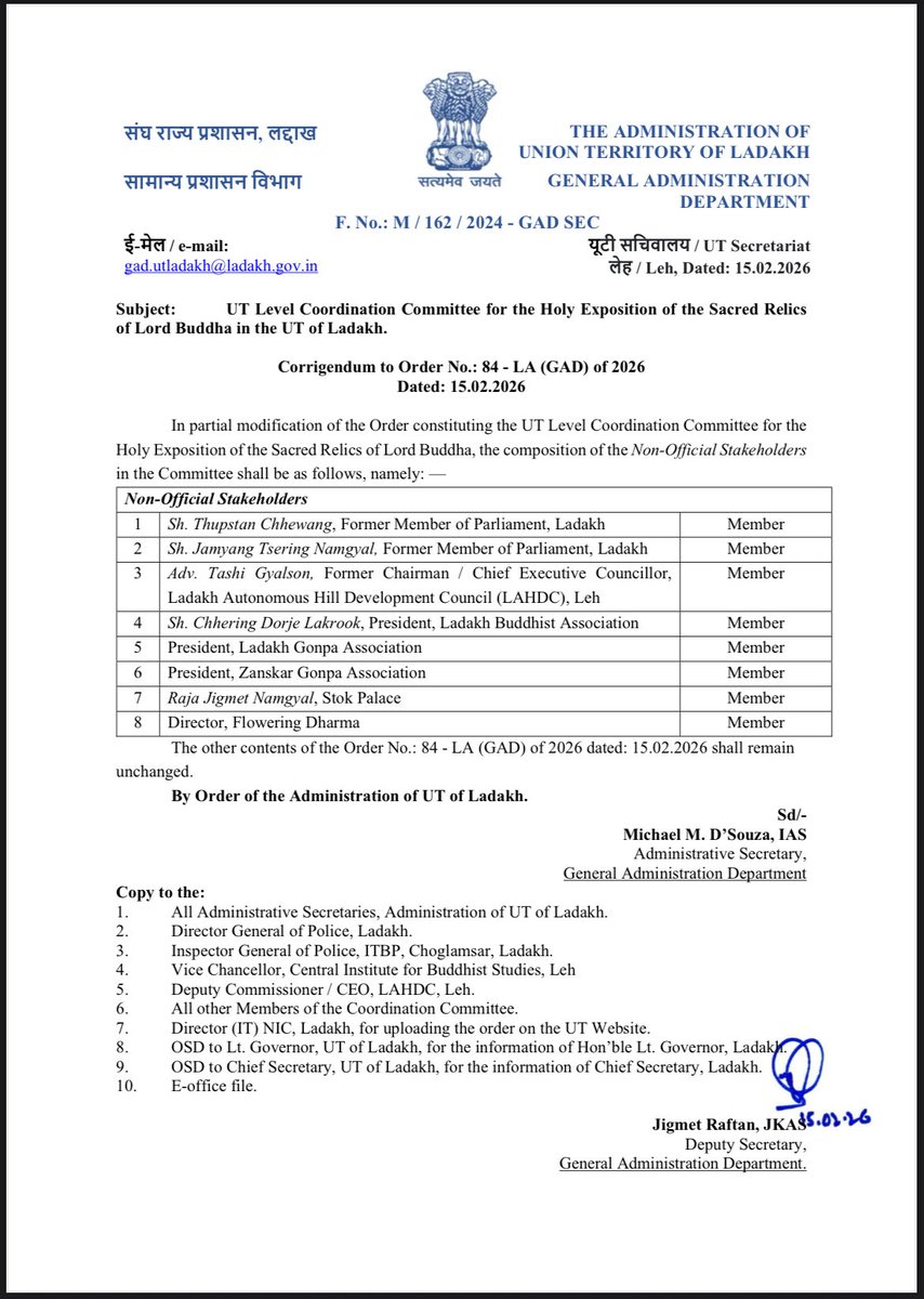 Info_Ladakh's tweet photo. UT Level Coordination Committee for the Holy Exposition of the Sacred Relics of Lord Buddha in the UT of Ladakh.
In partial modification of the earlier Order, the composition of the Non-Official Stakeholders in the Committee has been revised.

@lg_ladakh @LAHDC_Kgl @dc_Kgl https://t.co/ixaPfOU2Gr