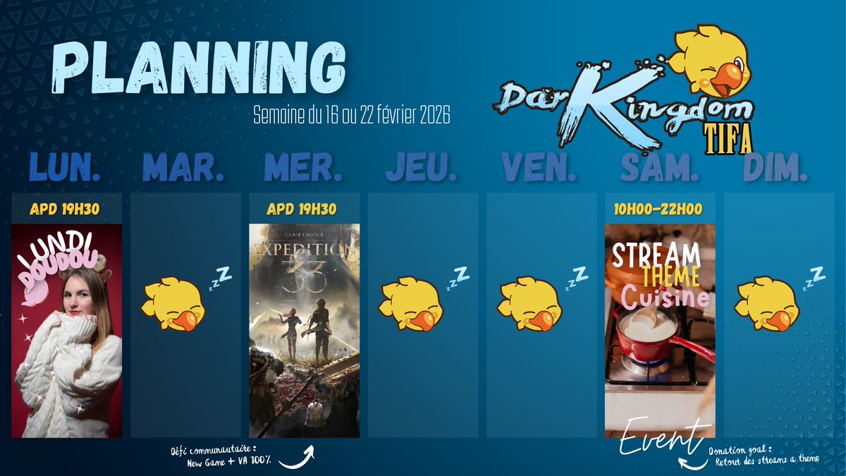 Planning de la semaine + une news historique : RETOUR DES STREAMS À THÈME SAMEDI 10H !! Let’s go pour la cuisine !! 👀🫶🏻🎉🙌🏻
