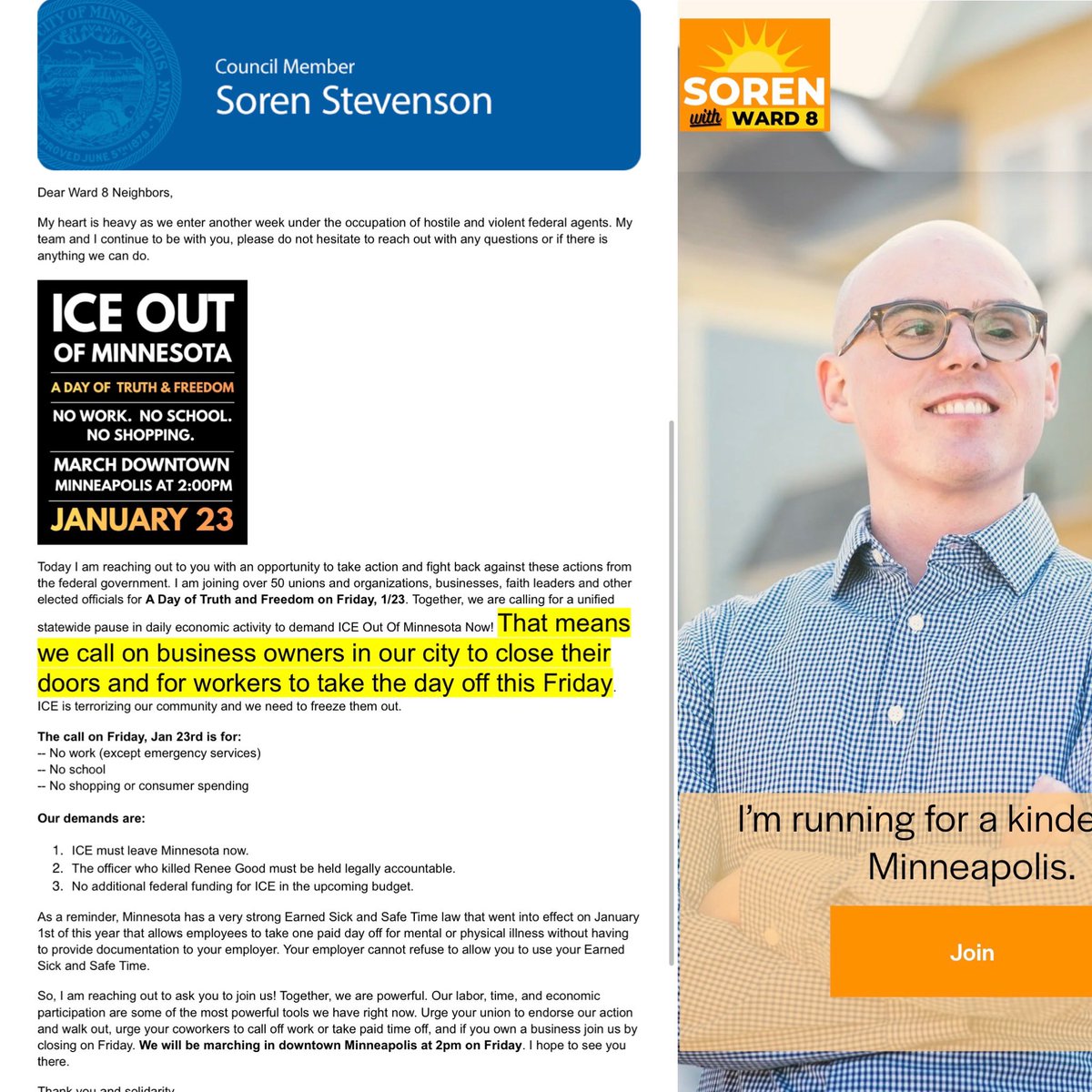 Submitted from Minneapolis resident: 

“So, Walz proposes forgivable loans for businesses affected by the ICE surge, and city council members send out emails telling businesses to close their doors and workers to stay home.  Of course, businesses are affected by ICE when they