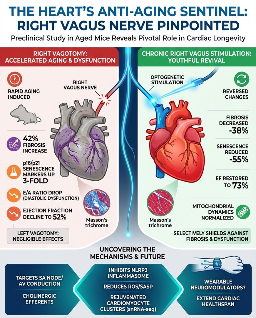 Maybe it's time you tried Right side Vagus Nerve Stimulation (Maybe with Ultrasound)

Recent preclinical research identifies the right vagus nerve as the primary sentinel of cardiac longevity. In aged models, right-side vagotomy triggered rapid heart aging, increasing fibrosis by
