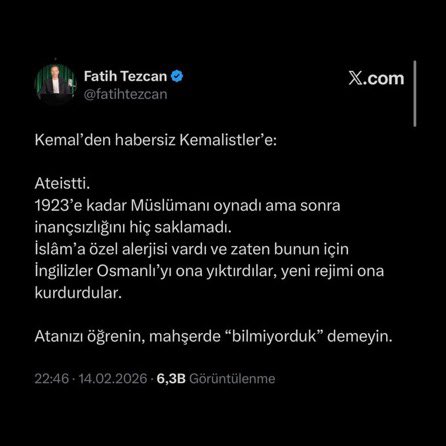 Mustafa Kemal Atatürk’e hakaretler yağdıran Fatih Tezcan hakkında CİMER şikayet kampanyası başlatıldı.
#FatihTezcanTutuklansın