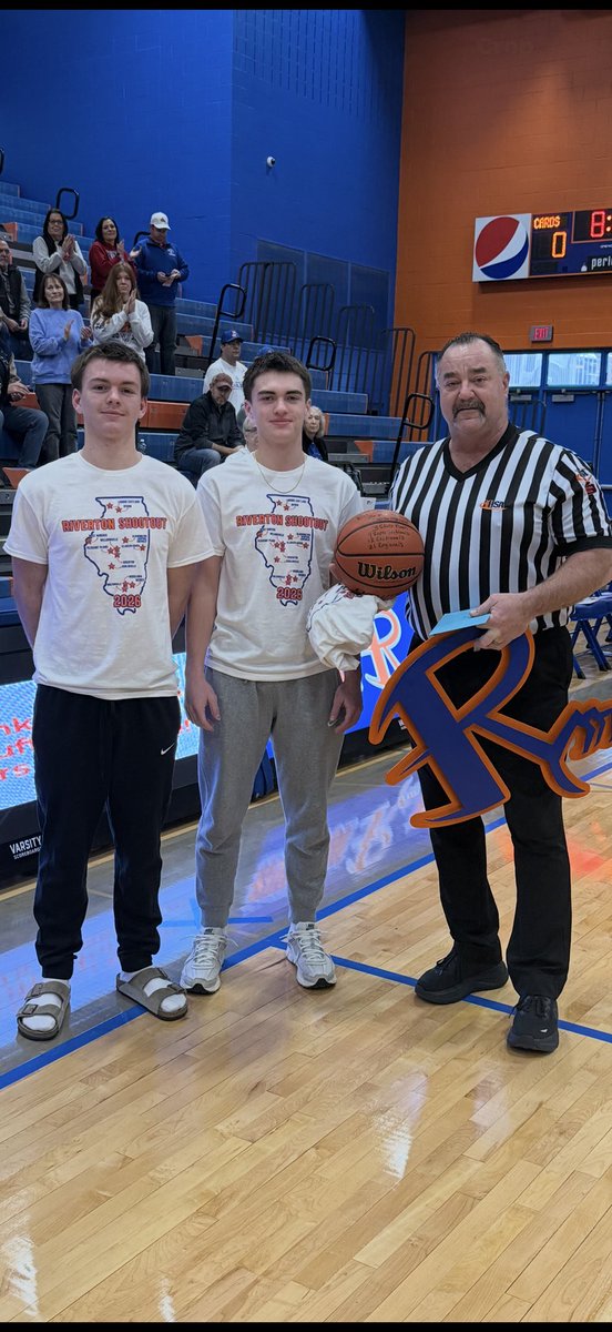 SportsRiverton's tweet photo. Last night we honored Brian Cuffle as he officiated his final Riverton Shootout game.
In 26 years, he earned 21 regionals, 12 sectionals, 4 super sectionals &amp; 3 state tournament assignments — an incredible career.
Thank you, Cuff. 👏 #Respect
@Channel1450com 
@CoachCaseyAcree https://t.co/oRVHIa0qID