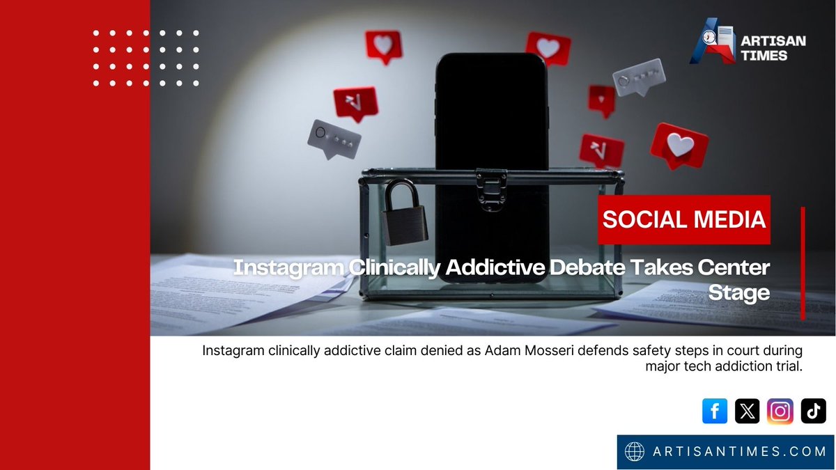 artisan_times's tweet photo. Adam Mosseri rejects Instagram clinically addictive claims in court. Major tech addiction case underway.
#TechTrial #Instagram #Meta #DigitalPolicy #SocialMedia
Read more: https://t.co/o5eeAEUeiH https://t.co/6crx4xYlO7