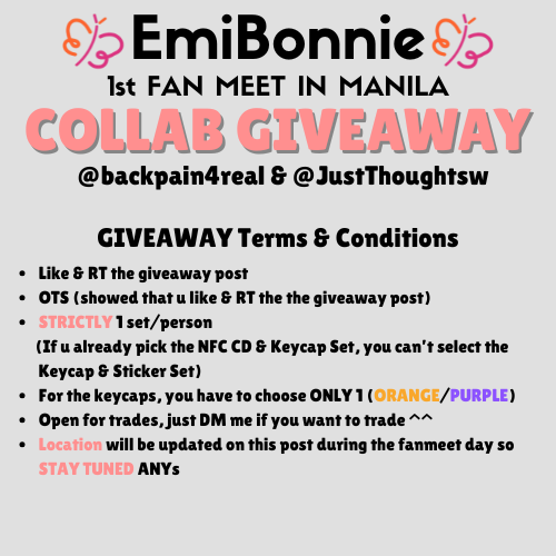 📢COLLAB GIVEAWAY With <a href="/JustThoughtsw/">YangKng</a> 📢
EMIBONNIE 1st Fan Meet in Manila 🇵🇭

Please Kindly Like &amp; RT 🥰
T&amp;C in the comment section 🧡💜 

#EmiBonnie1stFMinManila #EmiBonnie #เอมี่บอนนี่ #emiamily #beonnnie #ANY