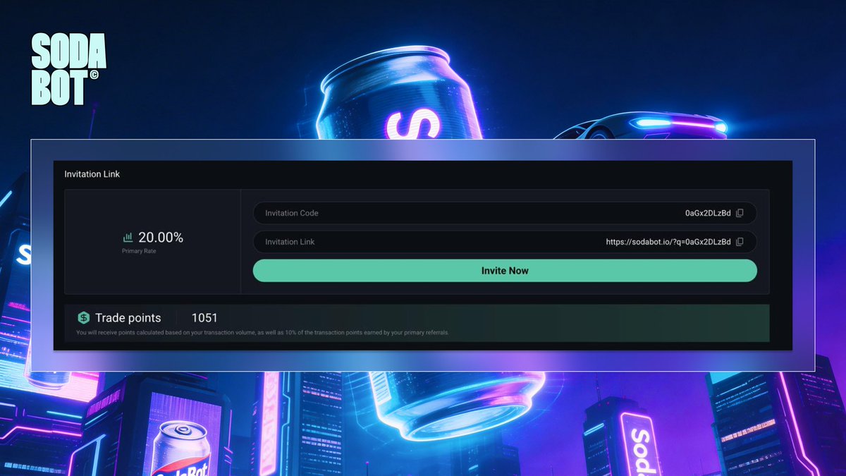 TGE 👀

> Don’t sleep on farming points during Airdrop Season 1.
The more you trade, the more points you stack - plus you earn 10% of your referrals’ points on top.

sodabot.io