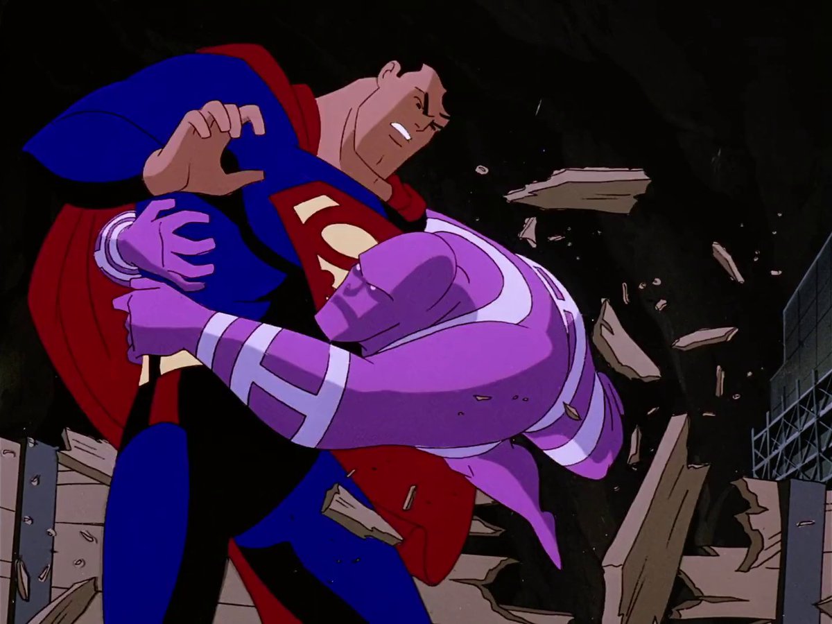 worldsfinest's tweet photo. The Superman: The Animated Series episode "Two's A Crowd" debuted on this day (Feb. 15) in 1997. Superman needs The Parasite to absorb a criminal's mind to help find a bomb hidden in Metropolis, but that plan goes awry, in this fantastic finale for season one! #SupermanTAS #STAS https://t.co/f5bqsr8MlI